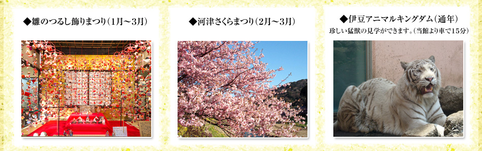 春は有名な河津の桜や吊るし雛が楽しめます